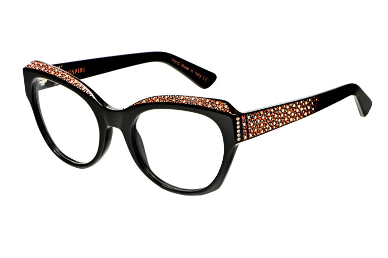 Alisea c.NRV â€“ Black with rose gold and light peach crystals and bronze laserwork