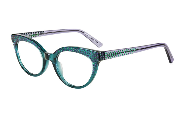 CARLINA c.437 â€“ Sea green front and translucent iris temples with emerald and purple crystals