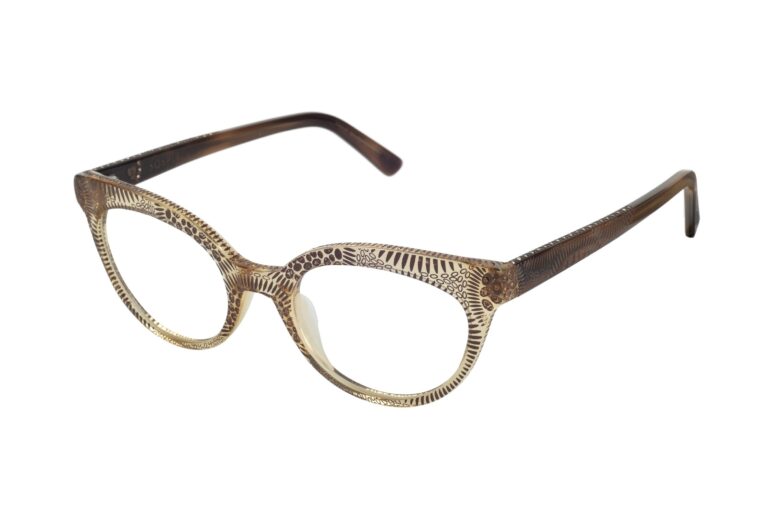 Clara c. 861 â€“ Translucent light amber front and brown temples with gold and smoked topaz crystals