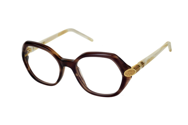 Cristina 186 â€“ Smoked brown front & horn temples with gold jewel component and light smoked topaz crystals