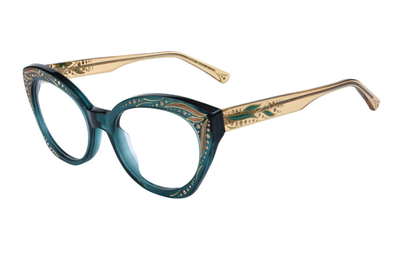 DEMI c.439 â€“ Translucent emerald green front and gold temples with light topaz crystals gold and green detailing