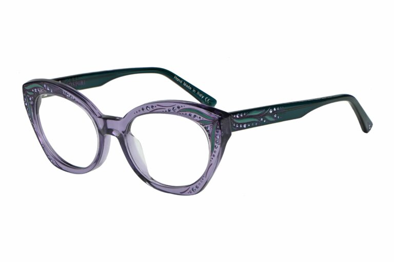 Demi c.743 â€“ Translucent violet front with amethyst and emerald crystals and translucent green temples