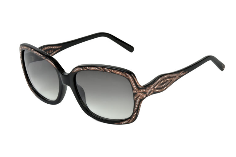 Euforia c.NRV â€“ Black with rose gold and light peach crystals and bronze laserwork