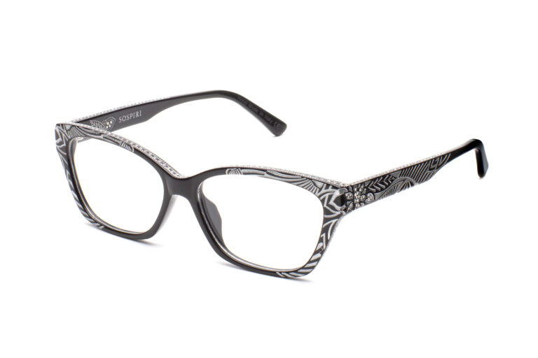 FILOMENA c.NR â€“ Black with clear crystals and matte silver floral laserwork