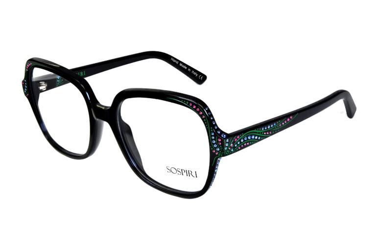 FLAMINIA c.NRV â€“ Black with light blue and fuschia crystals and green laserwork