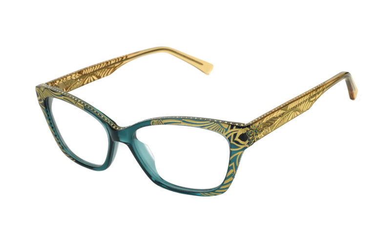 Filomena c.843 â€“ Green front and light gold temples with emerald crystals and matte gold floral laserwork