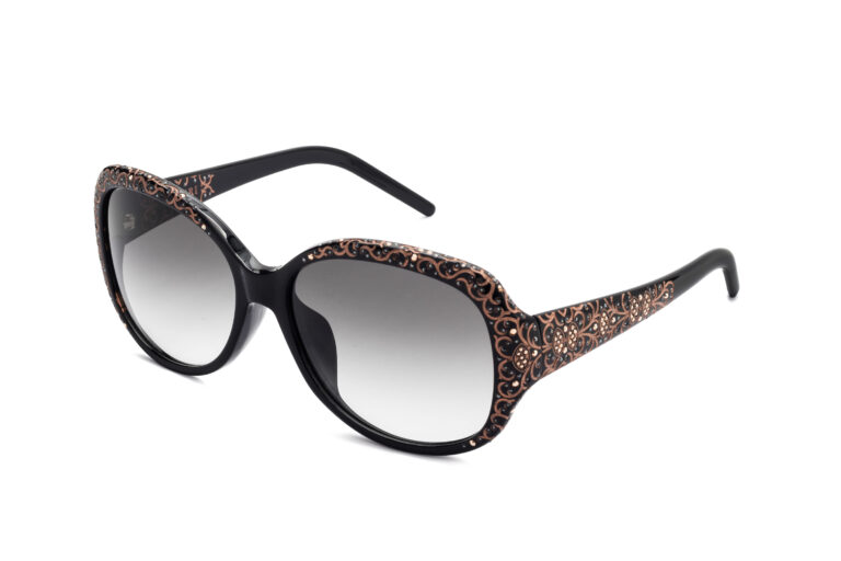 Isabella c.NRV â€“ Black with rose gold and black crystals and bronze laserwork