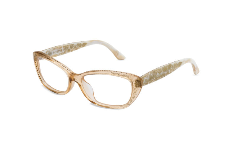 Leia c.4986 â€“ Translucent amber front with horn temples and light smoked topaz crystals and gold laserwork