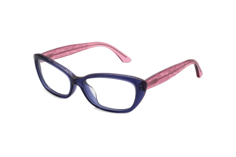 Leia c.A26 â€“ Translucent blue front with light pink temples and sapphire and fuchsia crystals