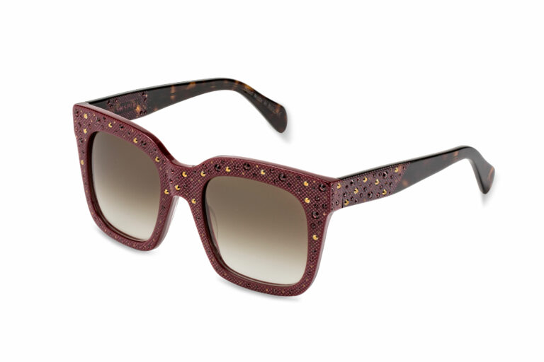 MOIRA c.7027 â€“ Burgundy front with smoked topaz and burgundy crystals and tortoise temples