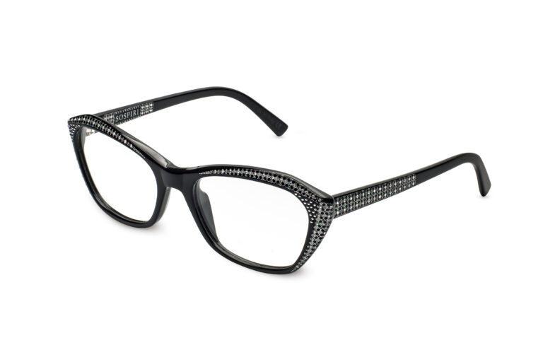 Marga c.NR â€“ Black with clear and light chrome crystals and silver laserwork