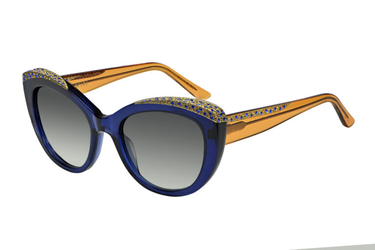 Penelope c.604 â€“ Translucent blue front with marigold temples and blue and marigold crystals