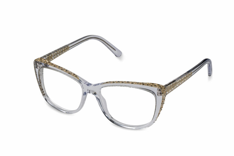 SILVIA c.CR â€“ Clear with light gold crystals and gold laserwork