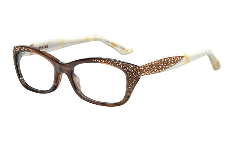 Sibilla c.186 â€“ Smoked brown front with horn temples and light topaz crystals and gold laserowork