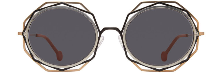 830 Silver-Black-Gold-Matte w/ Orange Temple Tips. Gray Solid Lens